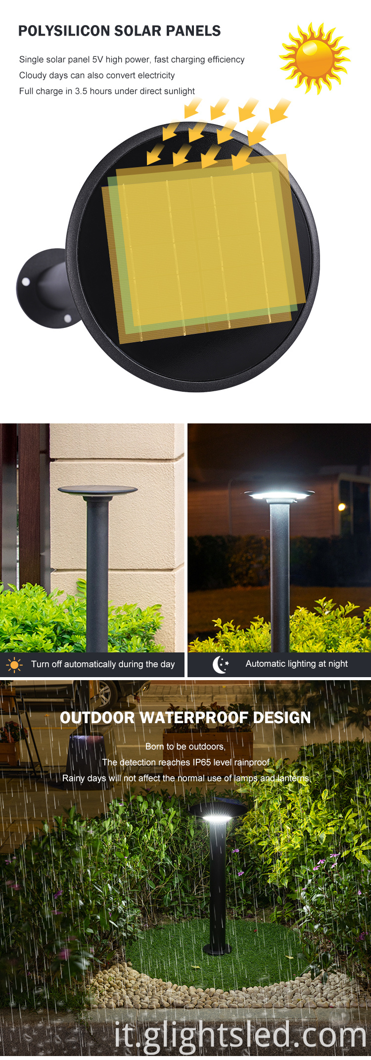 Luce solare da giardino a LED da esterno impermeabile da 60 cm in alluminio di alta qualità